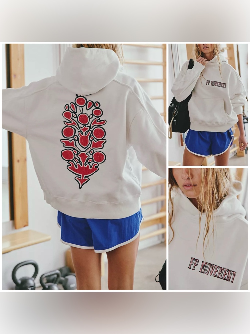 NWT Free People FP Movement A Cut Above Embroidered Logo Hoodie- ivory combo - S